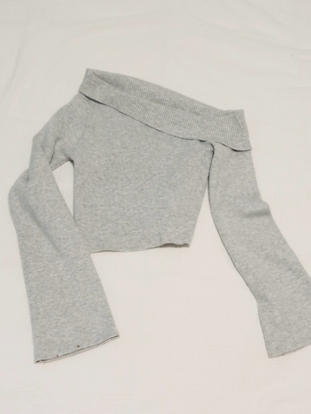 Princess Polly Light Gray Off-the-Shoulder Ribbed Crop Sweater